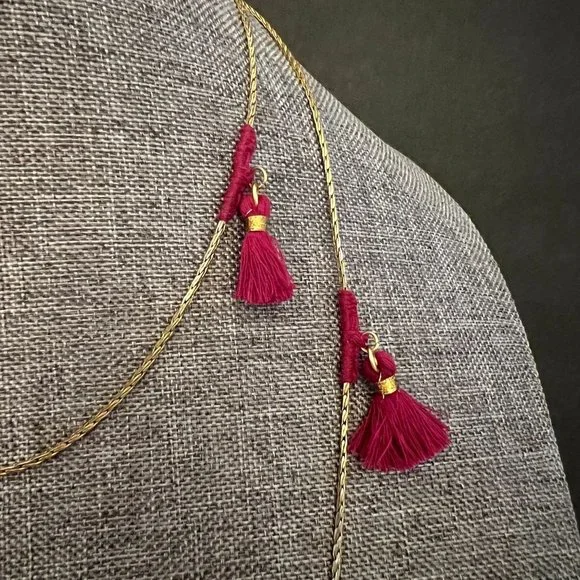 NWT Anthro Shiraleah Lena Necklace Gold Magenta Tassels 25" Long Boho Je… - Picture 2 of 5
